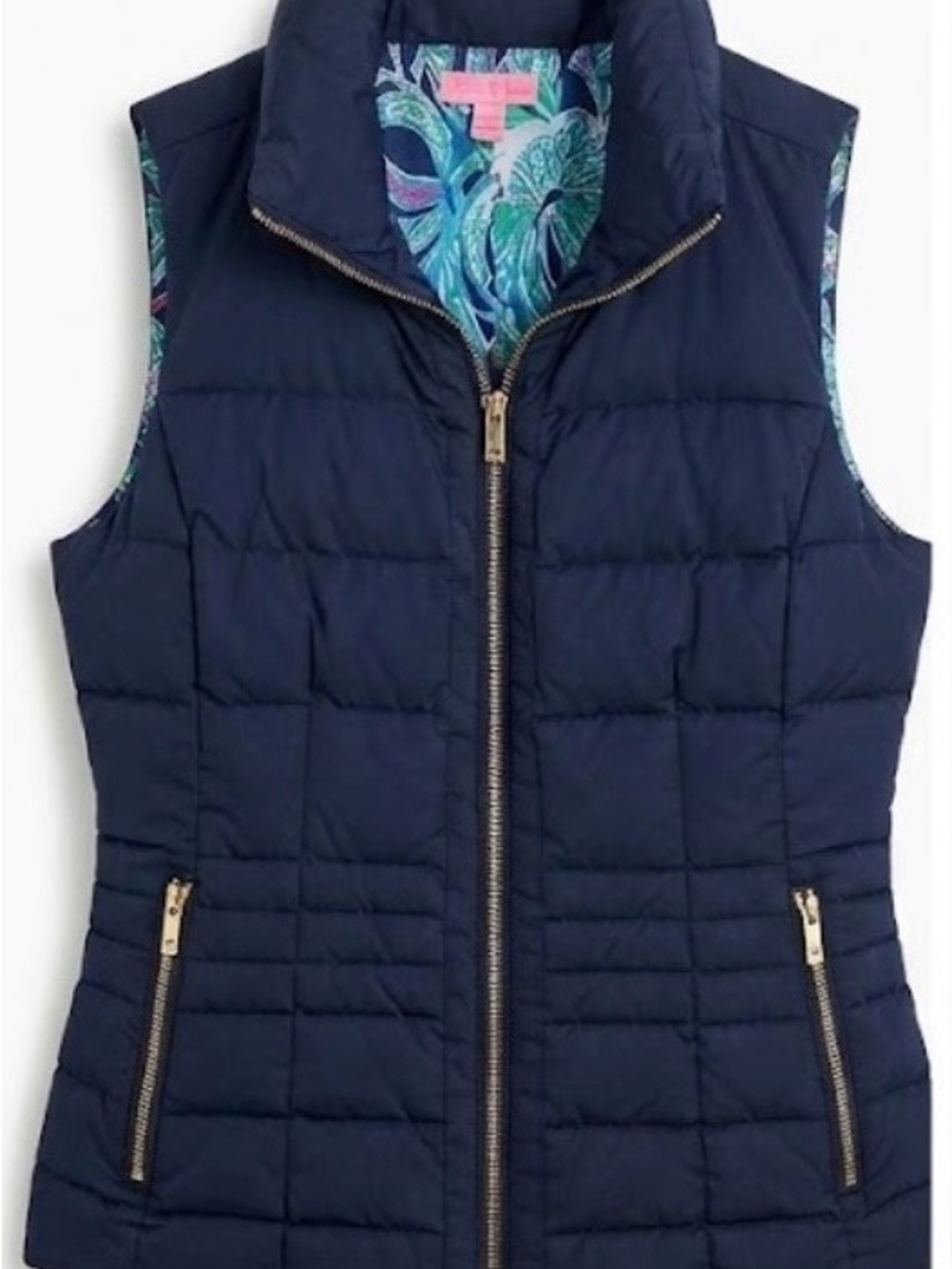 Lilly Pulitzer Syd Quilted Puffer Vest Navy Blue "Trunk Show" Print Lining [XS]